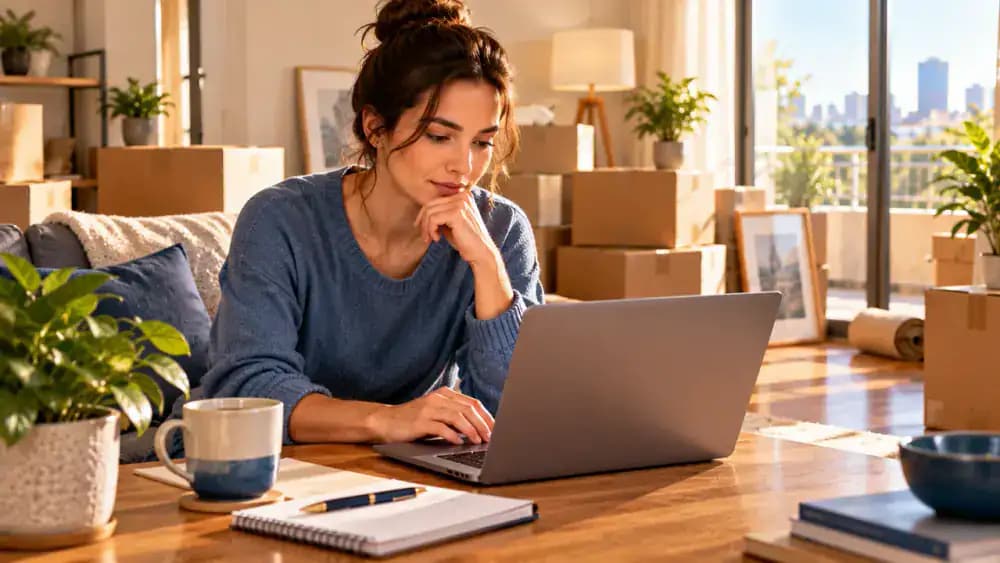 Thoughtful renter checking an unanswered email on a laptop beside moving boxes in a new apartment.