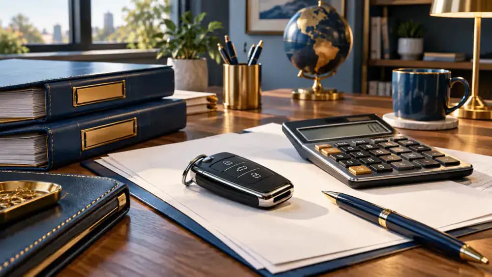 Neatly arranged vehicle financing folders, calculator, car key, and unsigned paperwork.