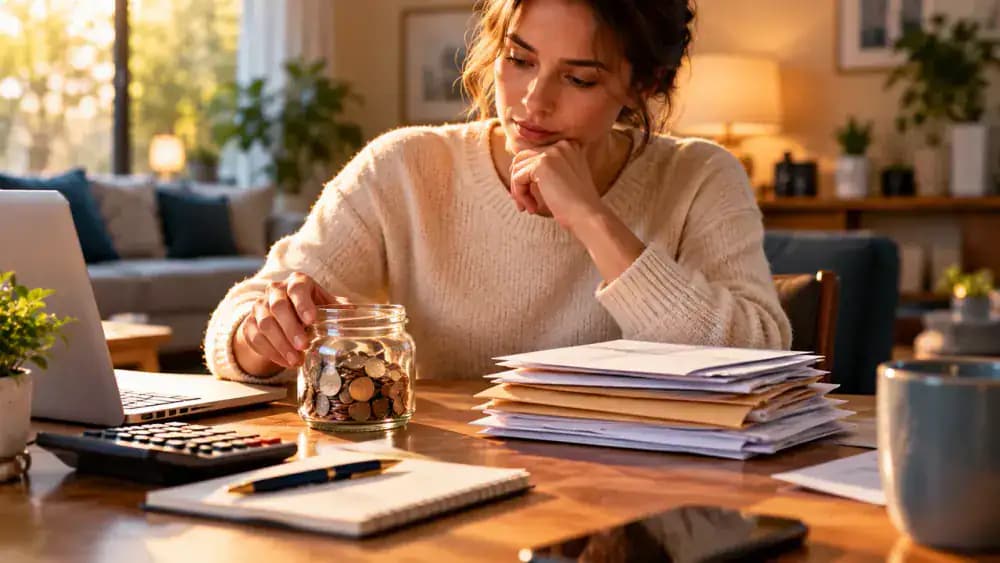 Adult comparing a small savings jar with household payment envelopes at a kitchen table.