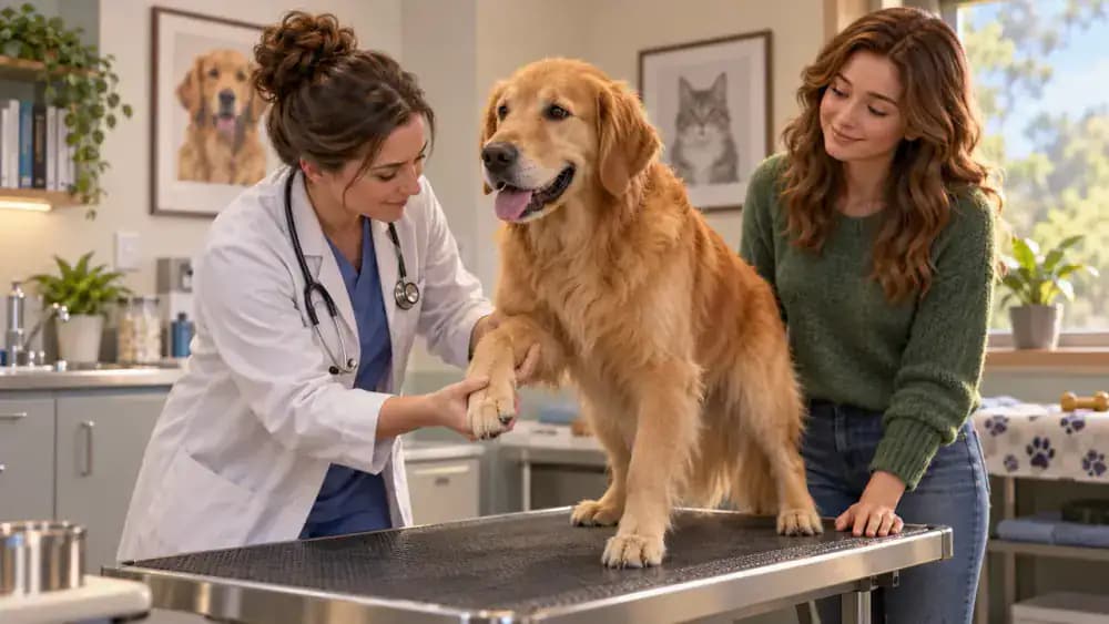 A veterinarian gently examines Bailey on a nonslip examination surface while Emma explains recent behavior changes. A stethoscope and veterinary chart are visible in the examination room.