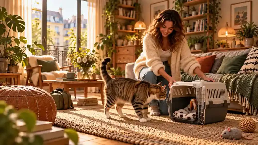 Cat sniffing an open carrier returned to its usual living-room location after travel