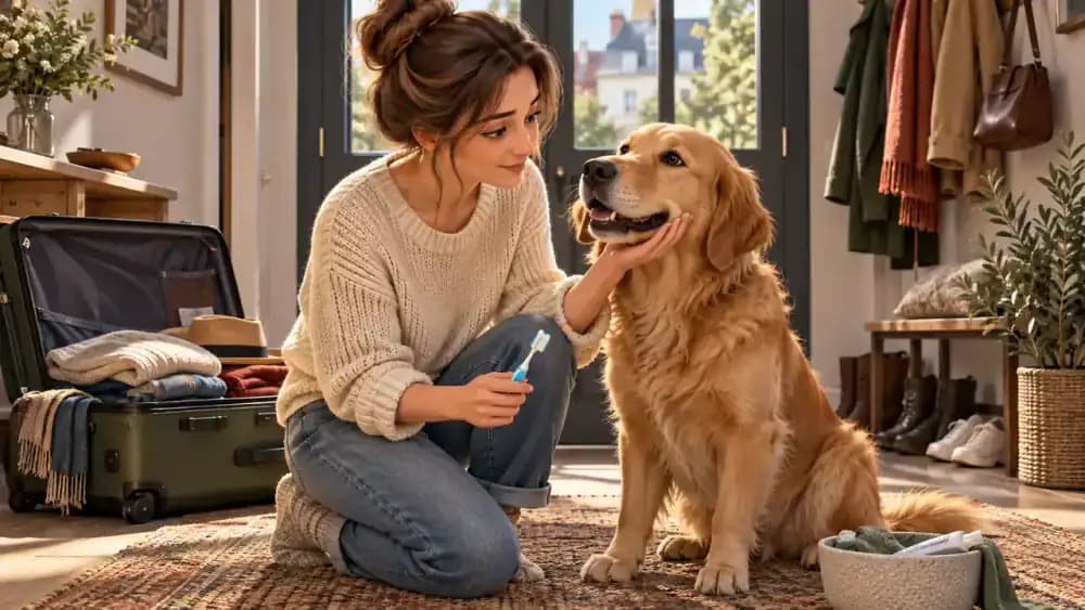 Owner gently touching a dog's cheek after returning from travel with an unpacked suitcase nearby