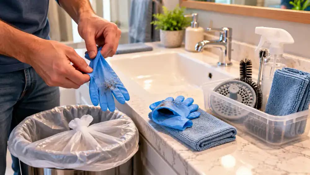 Homeowner cleaning up a bathroom sink work area by placing used paper towels in a lined trash can, removing protective gloves inside out, washing hands with soap and water, and checking the chrome pop-up stopper.
