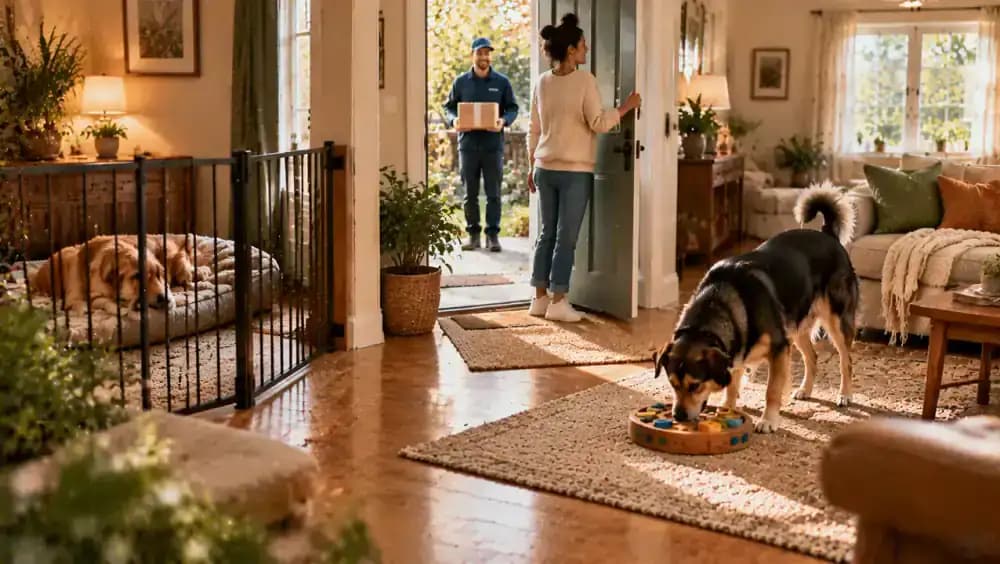 Resident dog hesitating at the entrance to a shared room while watching the newly adopted dog from a distance, as the owner redirects the newcomer and later discusses recorded observations with a veterinarian.