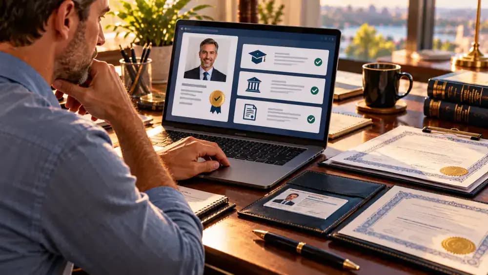 Consumer checking financial advisor credentials on a laptop beside identification and licensing documents.