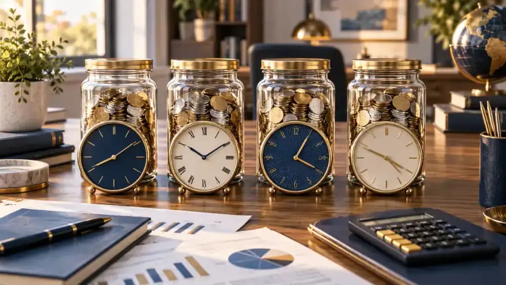 Calendar, clock and hand transferring coins between accounts