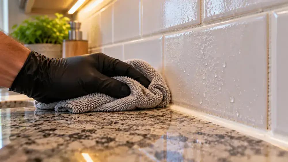 Side view of a homeowner wearing blue nitrile gloves using a dry teal microfiber cloth to blot condensation from cream ceramic kitchen backsplash tiles, grout intersections, and the countertop seam near a stainless steel sink.
