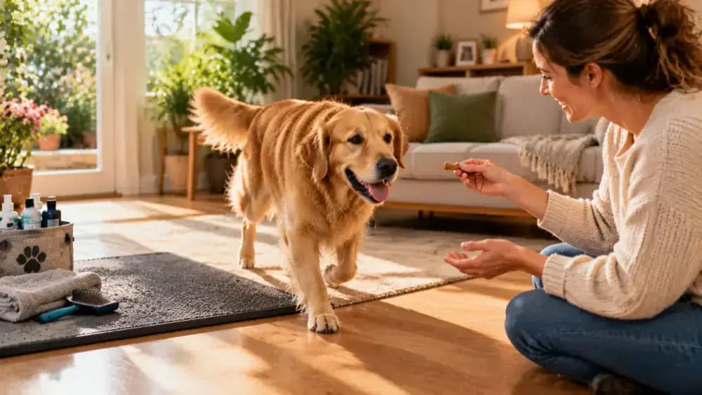 Owner inviting a dog onto a familiar mat in a sunlit living room and rewarding relaxed behavior with praise and a small treat as the dog freely moves away and returns.
