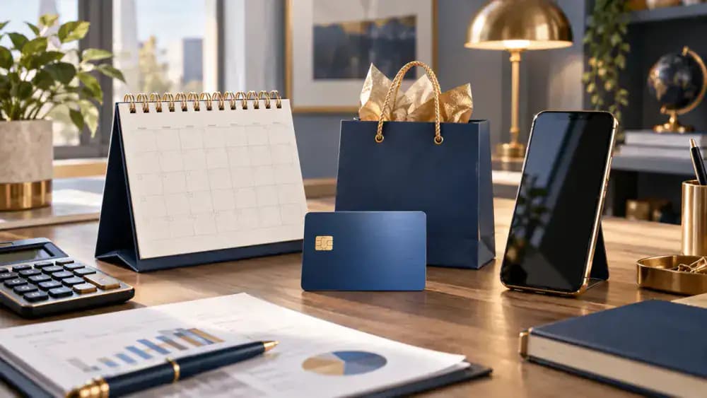 Desk calendar, small shopping bag, credit card, and smartphone arranged neatly.