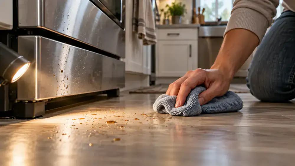 Close-up of a person cleaning a vinyl plank floor seam in a sunlit American kitchen using a soft-bristle detailing brush and microfiber cloth, with a magnifying glass nearby and no visible standing water.