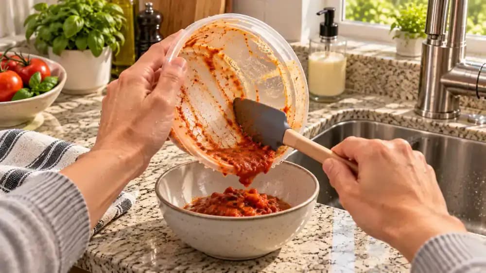 Close-up of clean hands inspecting an orange-stained transparent plastic food container, matching lid, and removable silicone gasket under a warm brass task lamp on a matte black countertop. A pencil rests beside a five-item cleaning checklist labeled No Grease, Fully Rinsed, Completely Dry, No Dama