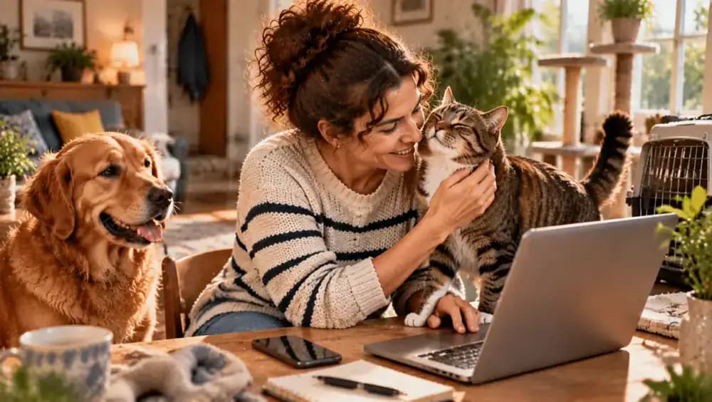 A relieved owner welcomes a recovered cat home, reviews the microchip registration on a laptop, removes a temporary contact number, and marks a lost-pet listing as resolved.