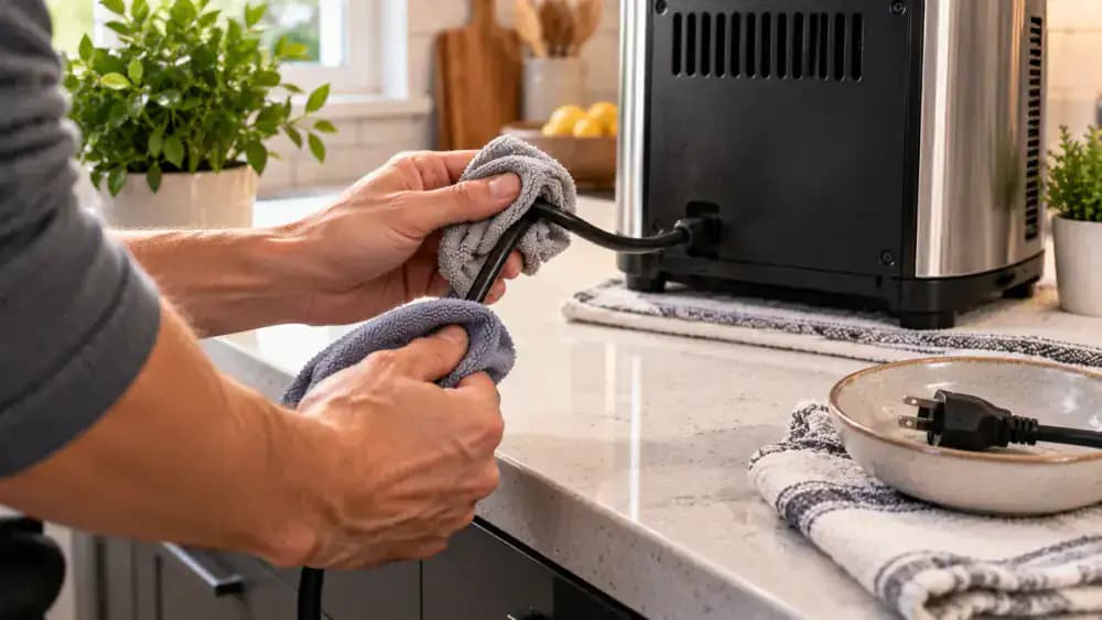 Close-up of an unplugged appliance with its insulated power cord being wiped using a lightly damp microfiber cloth while the plug rests dry in a ceramic dish.