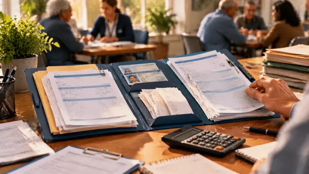 Organized folder of tax documents beside identification and receipts on a community center table.