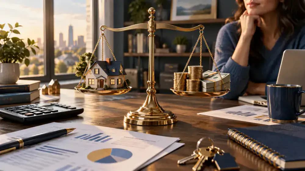Balance scale comparing house ownership and money stability
