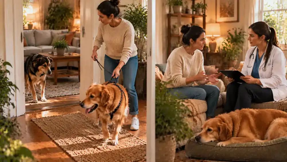 Three views of two dogs briefly playing together in a garden, independently sniffing different parts of a walking trail, and resting peacefully in separate beds in the same room.
