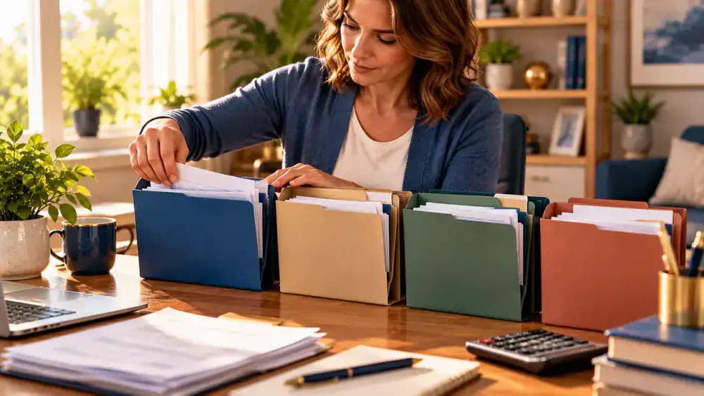 Person organizing four separate folders containing financial records across a home office desk.