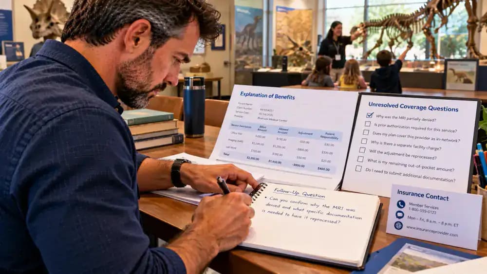 Adult in a public museum education room reviewing a fictional Explanation of Benefits beside a checklist titled Questions Still Unresolved, writing a question about a sample coverage decision, and preparing an insurance contact card for follow-up.