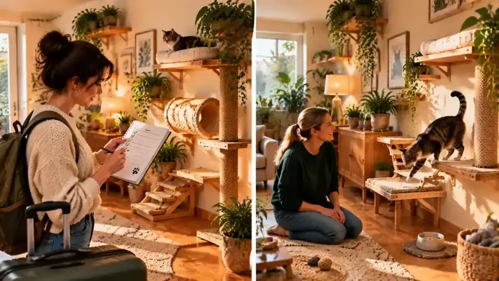 Owner checking a climbing area with a checklist and removing a loose decoration before a weekend trip, followed by a caregiver observing the cat and recording the setup's condition.