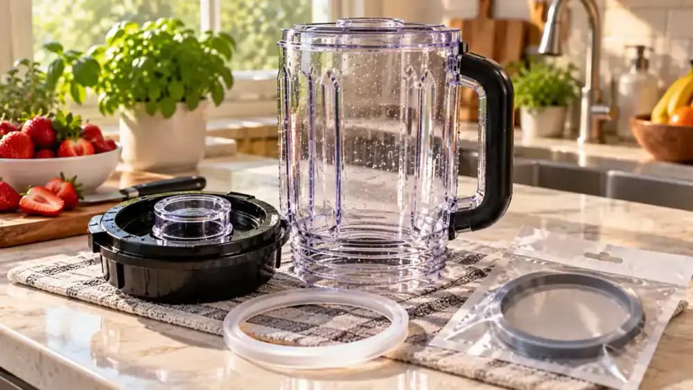 Adult rinsing a transparent blender jar with warm water after making a strawberry smoothie, with a detached lid nearby, a replacement gasket package beside the owner's manual, and the unplugged motor base on a dry kitchen countertop.