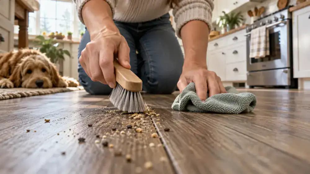 Person inspecting completely dry vinyl plank flooring in a bright American kitchen before carefully returning dining chairs to their original positions.