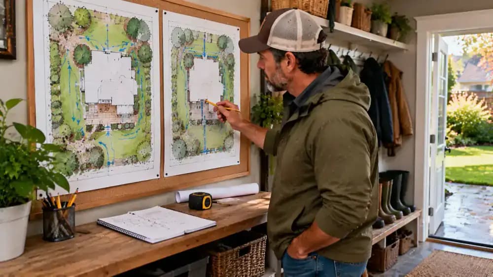 Homeowner standing in a bright mudroom, comparing two dated backyard drainage sketches on a wall-mounted planning board while holding a pencil, with muddy garden boots resting on a washable mat below.