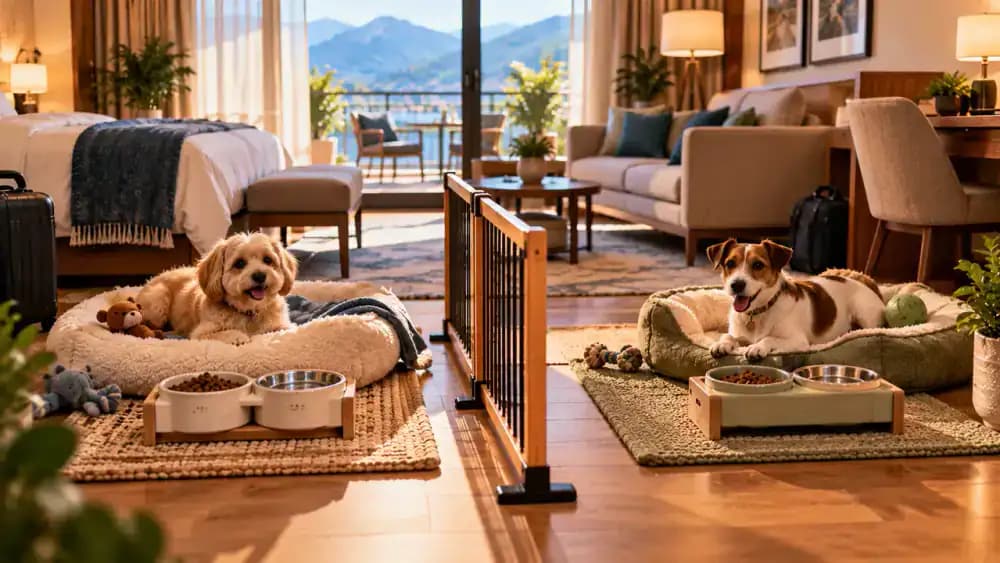 Two small dogs in a spacious hotel suite with separate feeding stations and resting mats, while their owner calmly redirects one dog away from a guarded toy and uses a portable pet gate to create separate spaces.