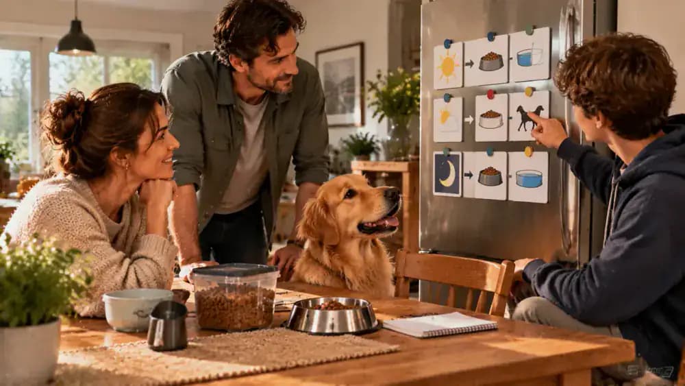 Two parents and their teenage daughter discuss a feeding workflow on a magnetic whiteboard, with the teenager pointing to a labeled food storage drawer, one parent updating a feeding log, and a Golden Retriever resting nearby.
