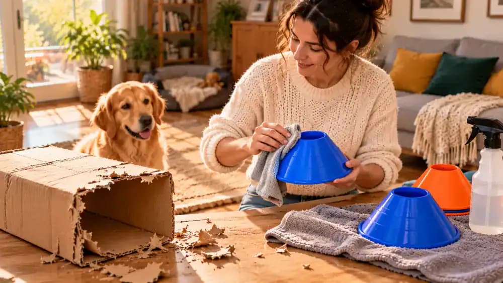 Owner inspecting torn cardboard and a foam marker, placing a damp towel on a drying rack, wiping plastic markers clean, and organizing reusable obstacle course supplies in a closed storage bin.