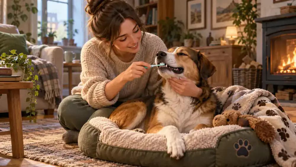 Relaxed mixed-breed dog resting on its favorite bed as an owner finishes gentle toothbrushing with praise