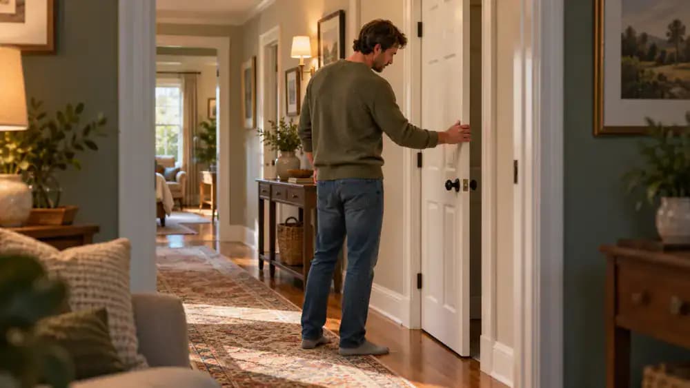 Homeowner pressing a digital hygrometer button on a wooden hallway shelf, displaying 45 percent relative humidity and 72 degrees Fahrenheit, while holding a maintenance notebook beside a closed white interior door with nickel hardware.