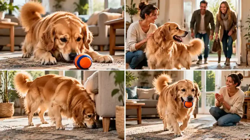 Golden retriever practicing toy-name recognition in different daily situations, including a quiet room, a busy home, and an outdoor area with interesting smells.