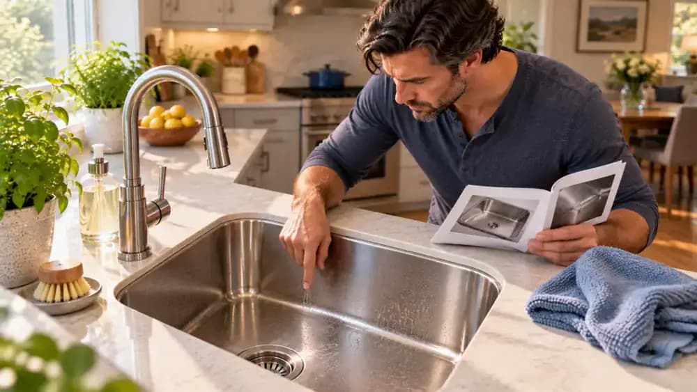 Homeowner reviewing a manufacturer care booklet beside a stainless steel kitchen sink with a persistent cloudy patch, setting a clean microfiber cloth aside instead of continuing to scrub the surface.