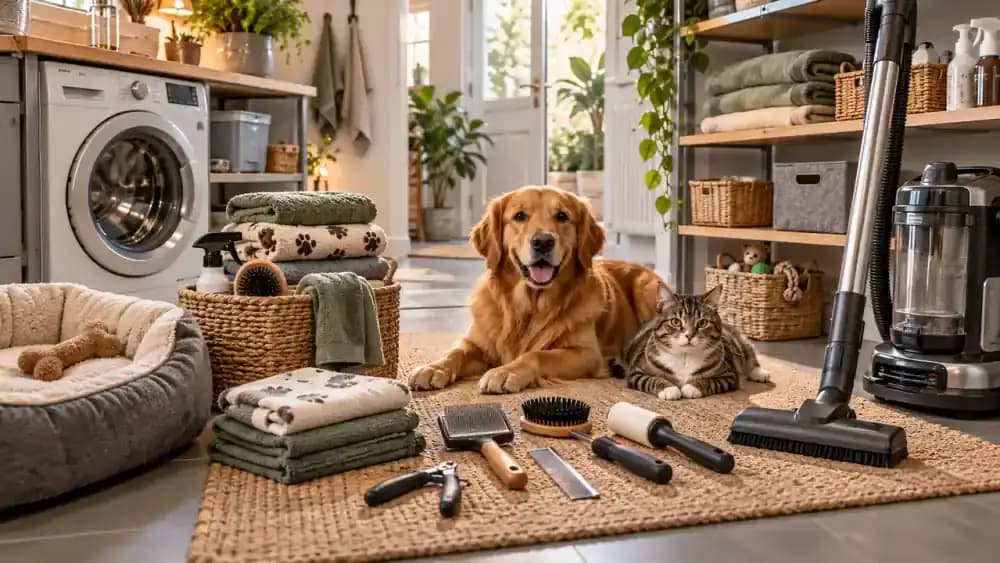 Pet cleaning calendar showing daily brushing, regular vacuuming, weekly laundry, and monthly upholstery cleaning