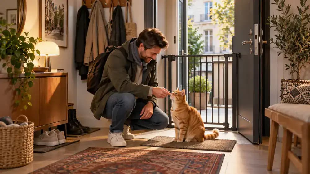 A man preparing to leave his modern apartment collects his keys, rewards an orange tabby waiting on a mat, and uses a secure interior barrier while exiting through the front door before returning calmly.