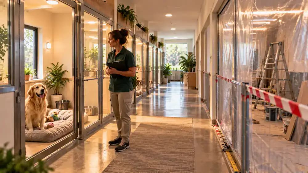 Boarding facility maintenance corridor with a temporary closure notice and separated renovation equipment, manager contacting an owner about a room change, and caregiver preparing a quiet replacement accommodation.