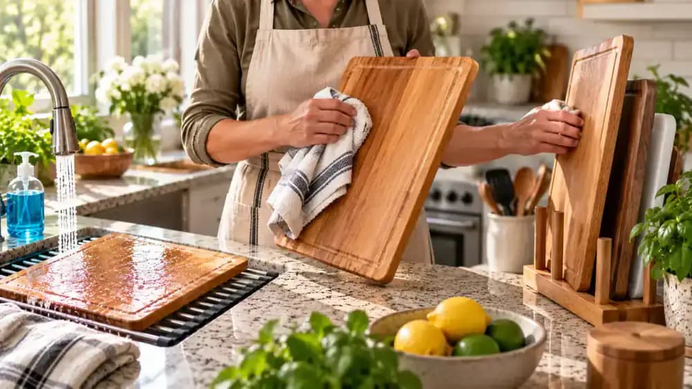 Hand checking a magnetic cutting-board care checklist beside a kitchen prep area before placing a clean board upright in a ventilated rack near a worn-board discard reminder.