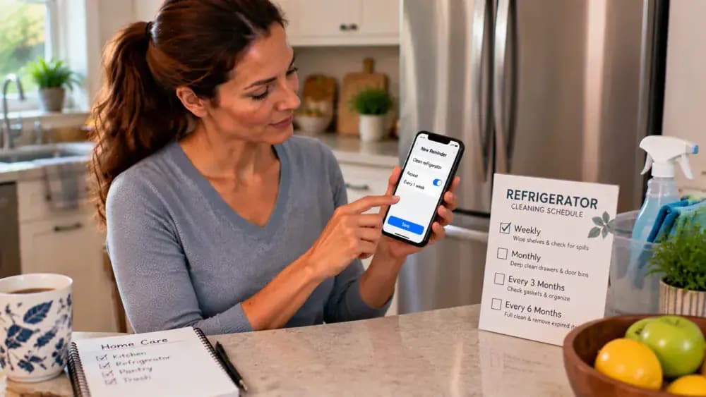 Person setting a refrigerator cleaning reminder on a smartphone beside a closed refrigerator in an organized kitchen