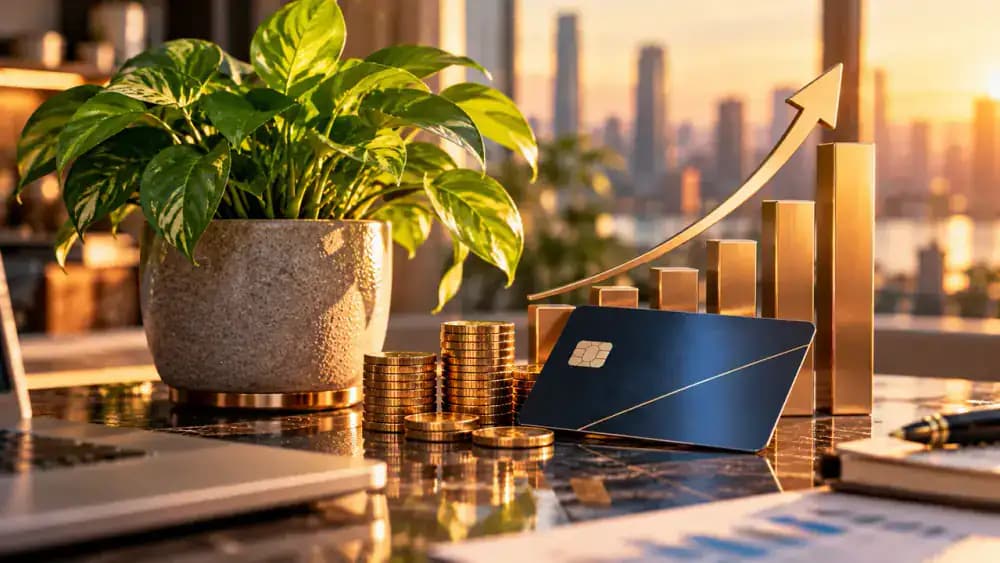 Healthy green plant growing beside a credit card and upward financial chart representing credit recovery.