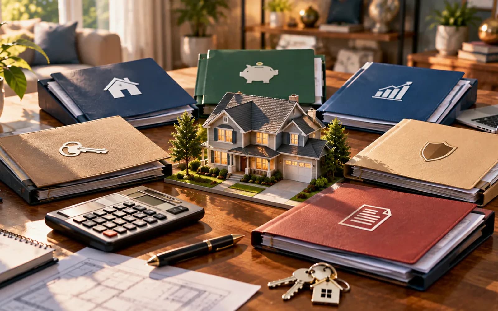 Different mortgage folders arranged beside a model home