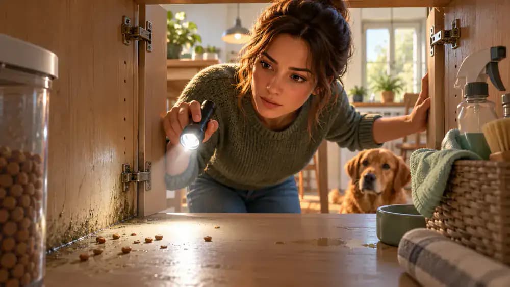 Pet owner inspecting the back corner of an emptied wooden storage cabinet with a flashlight, revealing crumbs and a moisture stain beside cleaning supplies.