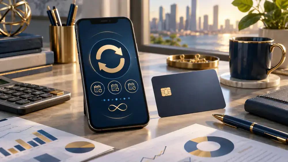 Smartphone displaying abstract recurring payment symbols beside a credit card.