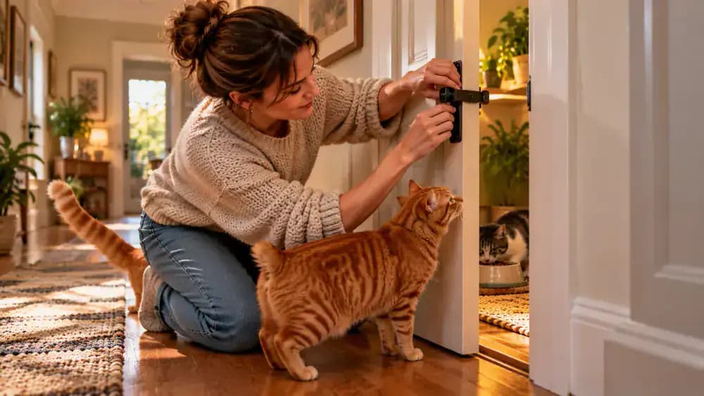 Orange tabby approaching a partially open feeding-room door before the owner secures its latch, keeping the gray-and-white cat protected while both cats eat at separate stations.
