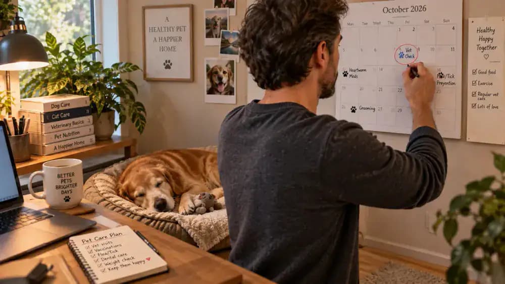 Owner marking a recurring pet check on a wall calendar while a dog sleeps nearby