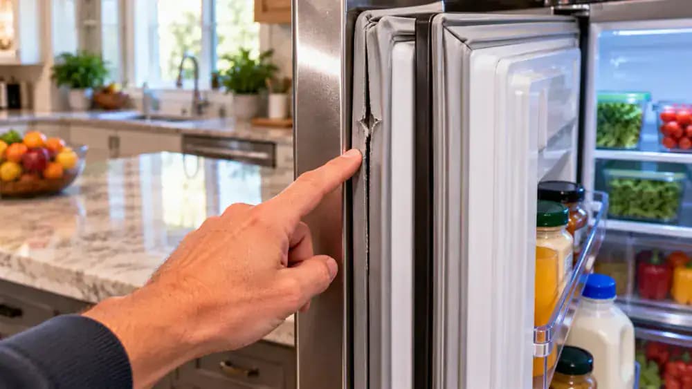 Close-up of a clean gray refrigerator door gasket and a separate damaged section showing a small tear and permanently flattened rubber, with a person consulting the manufacturer's maintenance guide.