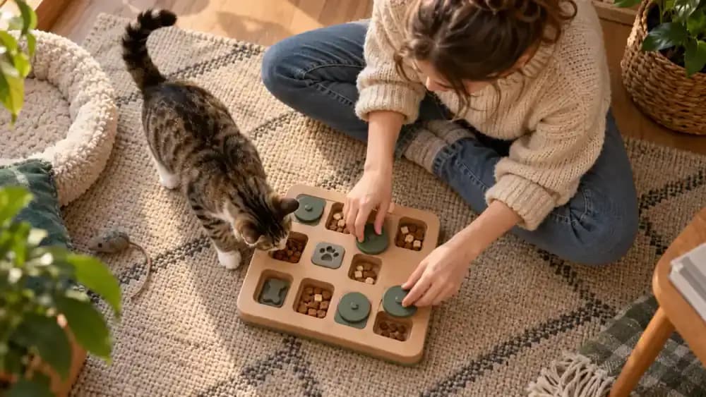 Cat quickly clearing an easy treat board while owner prepares a slightly harder setup