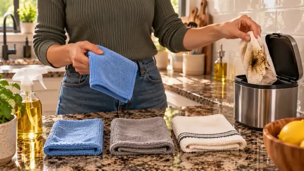 Person inspecting a fully cleaned kitchen backsplash with a handheld light, spot-cleaning a faint dull patch in a lower corner with a microfiber cloth before resetting the countertop.