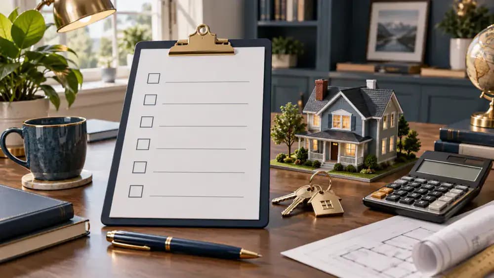Clipboard with a blank checklist-style sheet beside house keys, calculator, and small model home.