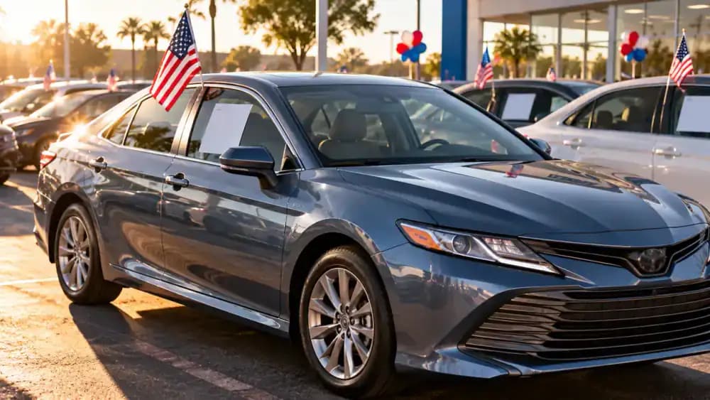 Used sedan displaying a blank information sheet in its window beside a small American flag.