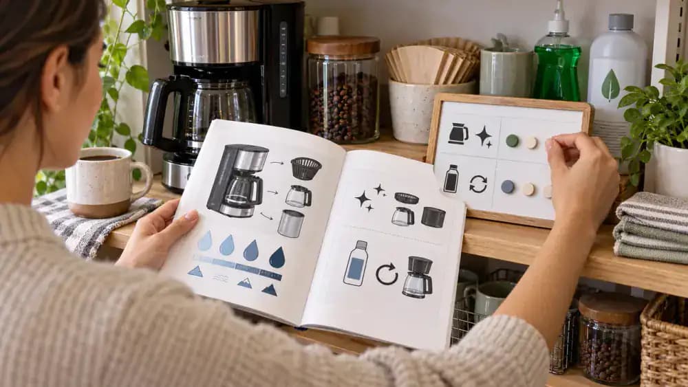 Hand placing a coffee maker manual in a file holder beside manufacturer-approved descaler and mild dish soap, while writing the completed cleaning date on a reusable maintenance tag attached to a pull-out cabinet shelf.